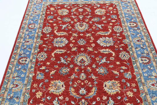 Traditional Hand Knotted Ziegler Farhan Wool Rug of Size 5'0'' X 6'7'' in Red and Blue Colors - Made in Afghanistan