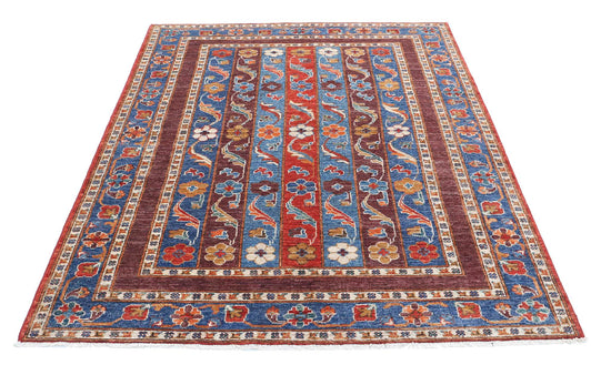 Traditional Hand Knotted Shaal Farhan Wool Rug of Size 5'0'' X 6'7'' in Red and Brown Colors - Made in Afghanistan