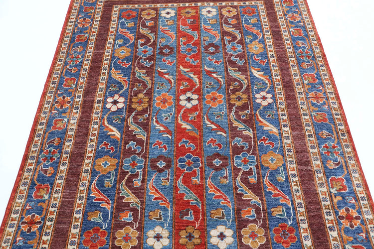 Traditional Hand Knotted Shaal Farhan Wool Rug of Size 5'0'' X 6'7'' in Red and Brown Colors - Made in Afghanistan