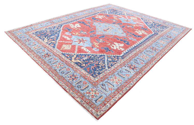 Traditional Hand Knotted Heriz Farhan Wool Rug of Size 9'5'' X 11'10'' in Red and Blue Colors - Made in Afghanistan