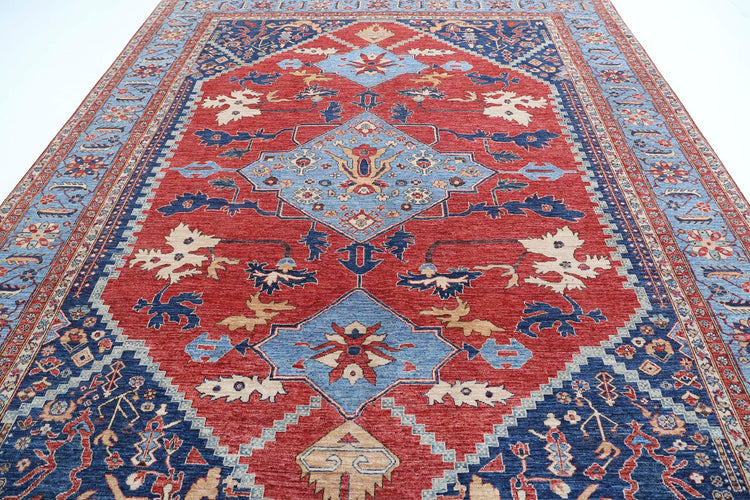 Traditional Hand Knotted Heriz Farhan Wool Rug of Size 9'5'' X 11'10'' in Red and Blue Colors - Made in Afghanistan