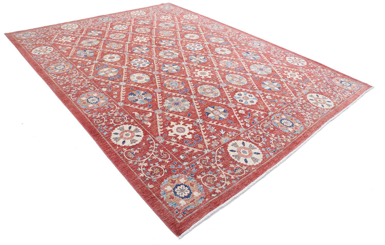 Traditional Hand Knotted Suzani Farhan Wool Rug of Size 9'0'' X 11'6'' in Red and Ivory Colors - Made in Afghanistan