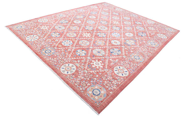 Traditional Hand Knotted Suzani Farhan Wool Rug of Size 9'0'' X 11'6'' in Red and Ivory Colors - Made in Afghanistan