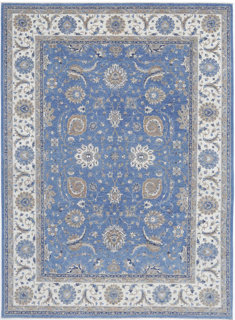 Traditional Hand Knotted Ziegler Farhan Wool Rug of Size 9'0'' X 12'0'' in Blue and Ivory Colors - Made in Afghanistan