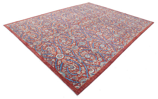 Transitional Hand Knotted Artemix Farhan Wool Rug of Size 9'1'' X 11'7'' in Red and Blue Colors - Made in Afghanistan