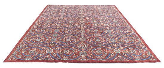 Transitional Hand Knotted Artemix Farhan Wool Rug of Size 9'1'' X 11'7'' in Red and Blue Colors - Made in Afghanistan