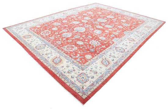Traditional Hand Knotted Ziegler Farhan Wool Rug of Size 9'11'' X 13'2'' in Red and Ivory Colors - Made in Afghanistan