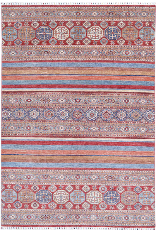 Traditional Hand Knotted Khurjeen Farhan Wool Rug of Size 6'6'' X 9'7'' in Multi and Red Colors - Made in Afghanistan