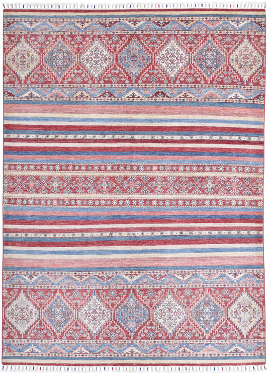 Traditional Hand Knotted Khurjeen Farhan Wool Rug of Size 5'8'' X 7'8'' in Multi and Red Colors - Made in Afghanistan