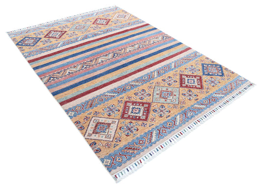 Traditional Hand Knotted Khurjeen Farhan Wool Rug of Size 5'8'' X 7'7'' in Multi and Blue Colors - Made in Afghanistan