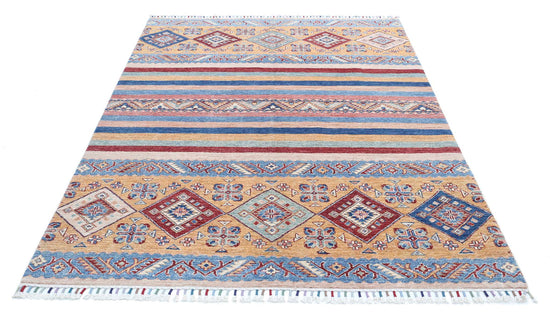 Traditional Hand Knotted Khurjeen Farhan Wool Rug of Size 5'8'' X 7'7'' in Multi and Blue Colors - Made in Afghanistan