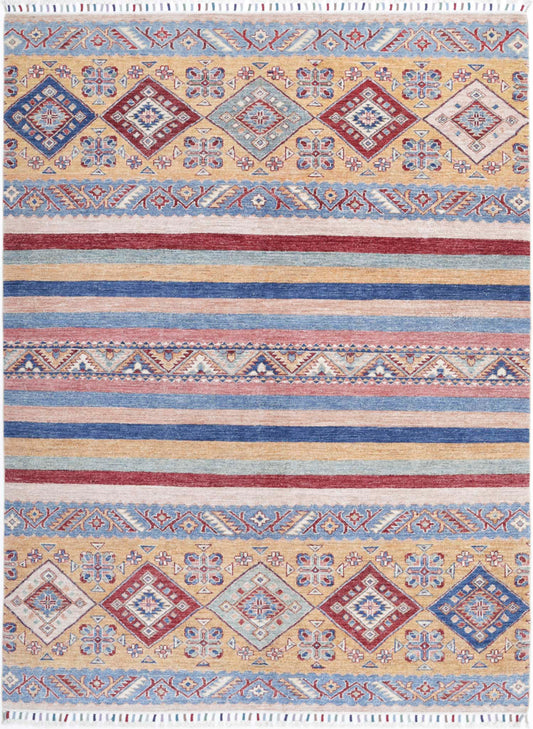 Traditional Hand Knotted Khurjeen Farhan Wool Rug of Size 5'8'' X 7'7'' in Multi and Blue Colors - Made in Afghanistan