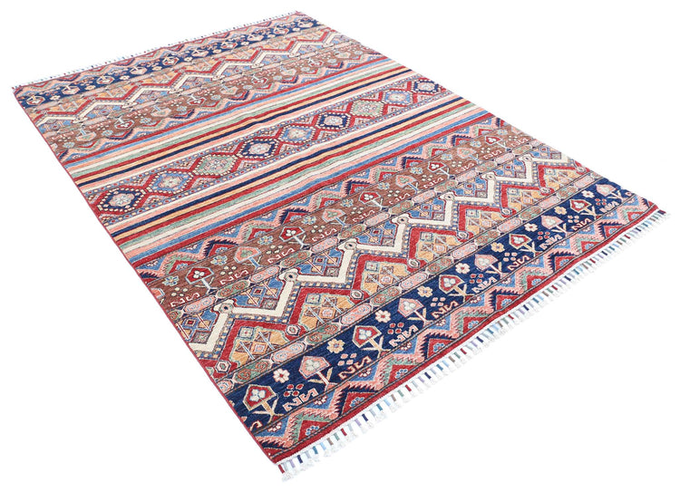 Traditional Hand Knotted Khurjeen Farhan Wool Rug of Size 5'7'' X 7'4'' in Multi and Blue Colors - Made in Afghanistan