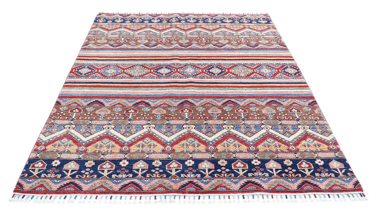 Traditional Hand Knotted Khurjeen Farhan Wool Rug of Size 5'7'' X 7'4'' in Multi and Blue Colors - Made in Afghanistan