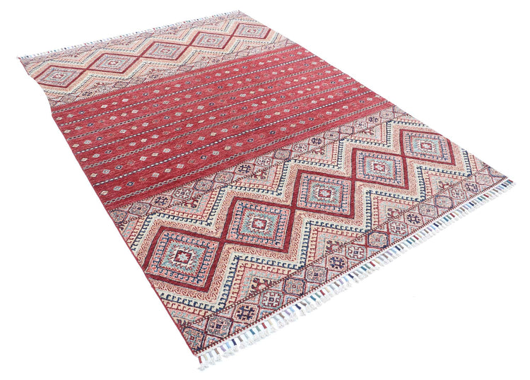 Traditional Hand Knotted Khurjeen Farhan Wool Rug of Size 5'6'' X 7'6'' in Multi and Red Colors - Made in Afghanistan