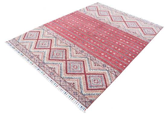 Traditional Hand Knotted Khurjeen Farhan Wool Rug of Size 5'6'' X 7'6'' in Multi and Red Colors - Made in Afghanistan