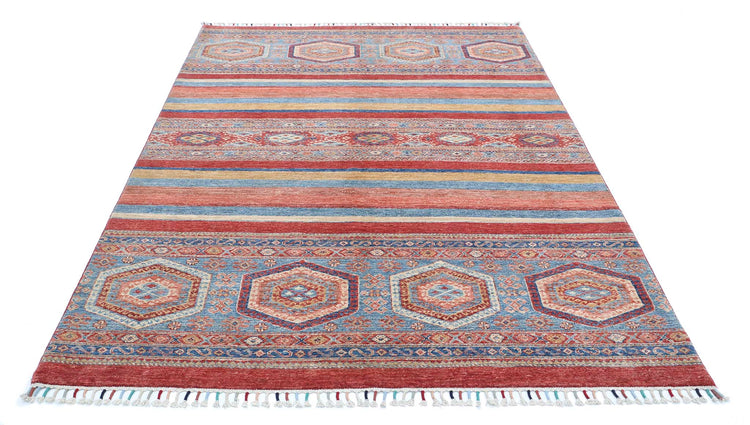 Traditional Hand Knotted Khurjeen Farhan Wool Rug of Size 5'6'' X 8'0'' in Multi and Red Colors - Made in Afghanistan