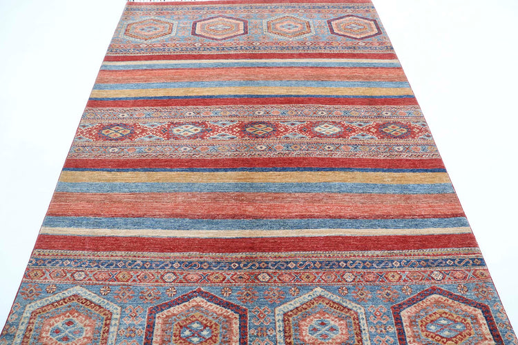Traditional Hand Knotted Khurjeen Farhan Wool Rug of Size 5'6'' X 8'0'' in Multi and Red Colors - Made in Afghanistan