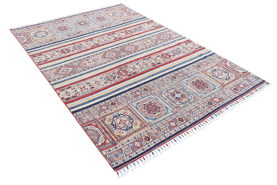 Traditional Hand Knotted Khurjeen Farhan Wool Rug of Size 5'4'' X 7'9'' in Multi and Blue Colors - Made in Afghanistan