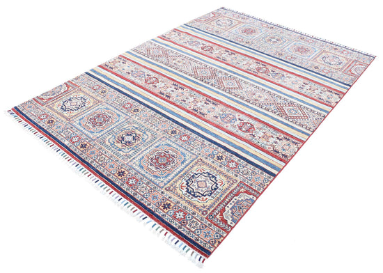 Traditional Hand Knotted Khurjeen Farhan Wool Rug of Size 5'4'' X 7'9'' in Multi and Blue Colors - Made in Afghanistan
