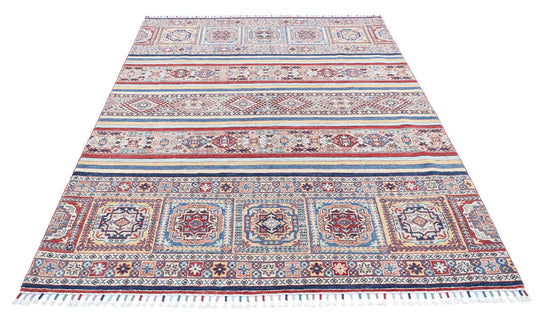 Traditional Hand Knotted Khurjeen Farhan Wool Rug of Size 5'4'' X 7'9'' in Multi and Blue Colors - Made in Afghanistan