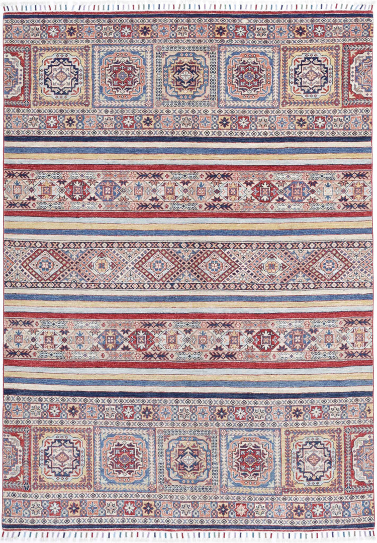 Traditional Hand Knotted Khurjeen Farhan Wool Rug of Size 5'4'' X 7'9'' in Multi and Blue Colors - Made in Afghanistan
