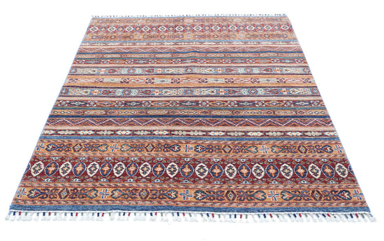 Traditional Hand Knotted Khurjeen Farhan Wool Rug of Size 4'10'' X 6'2'' in Multi and Blue Colors - Made in Afghanistan