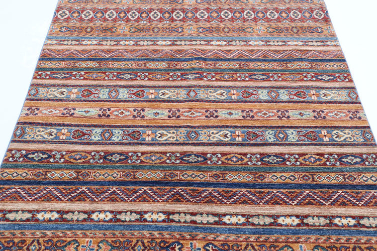 Traditional Hand Knotted Khurjeen Farhan Wool Rug of Size 4'10'' X 6'2'' in Multi and Blue Colors - Made in Afghanistan