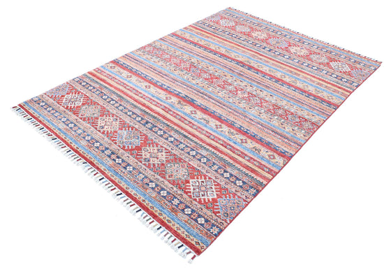 Traditional Hand Knotted Khurjeen Farhan Wool Rug of Size 4'11'' X 7'2'' in Multi and Red Colors - Made in Afghanistan