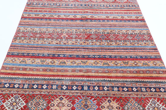 Traditional Hand Knotted Khurjeen Farhan Wool Rug of Size 4'11'' X 7'2'' in Multi and Red Colors - Made in Afghanistan