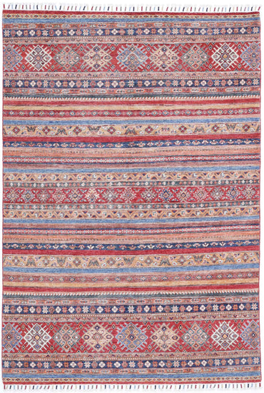 Traditional Hand Knotted Khurjeen Farhan Wool Rug of Size 4'11'' X 7'2'' in Multi and Red Colors - Made in Afghanistan