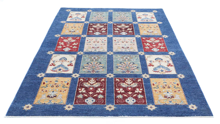 Traditional Hand Knotted Ziegler Farhan Wool Rug of Size 5'5'' X 7'7'' in Blue and Gold Colors - Made in Afghanistan
