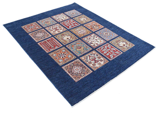 Traditional Hand Knotted Ziegler Farhan Wool Rug of Size 5'0'' X 6'0'' in Blue and Red Colors - Made in Afghanistan