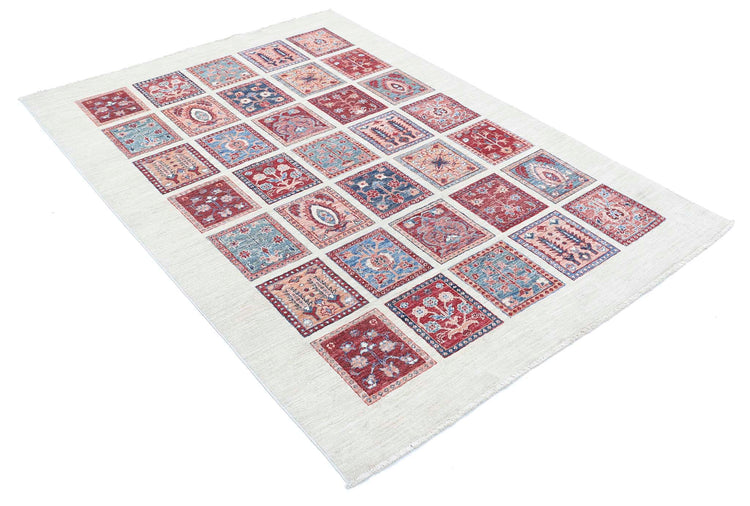 Traditional Hand Knotted Ziegler Farhan Wool Rug of Size 4'9'' X 6'9'' in Ivory and Red Colors - Made in Afghanistan