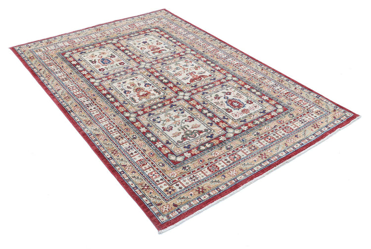 Traditional Hand Knotted Ziegler Farhan Wool Rug of Size 4'7'' X 6'5'' in Red and Ivory Colors - Made in Afghanistan