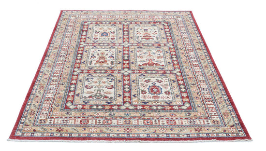 Traditional Hand Knotted Ziegler Farhan Wool Rug of Size 4'7'' X 6'5'' in Red and Ivory Colors - Made in Afghanistan