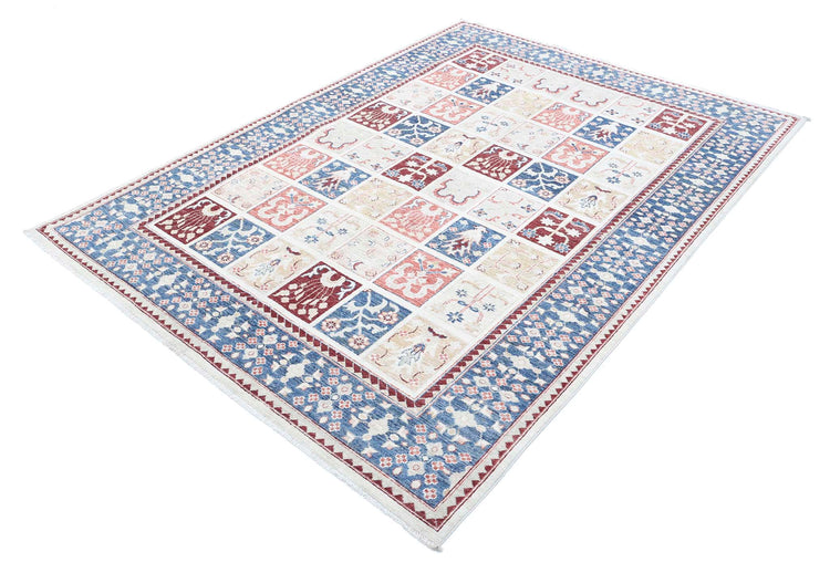 Traditional Hand Knotted Ziegler Farhan Wool Rug of Size 5'6'' X 7'7'' in Ivory and Blue Colors - Made in Afghanistan