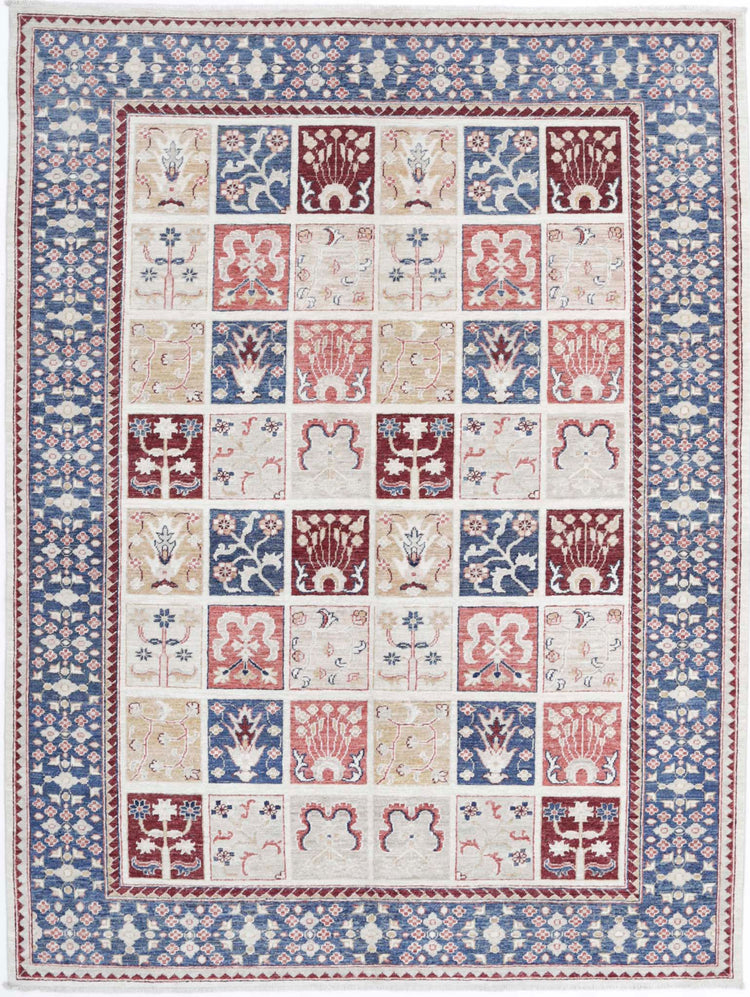 Traditional Hand Knotted Ziegler Farhan Wool Rug of Size 5'6'' X 7'7'' in Ivory and Blue Colors - Made in Afghanistan