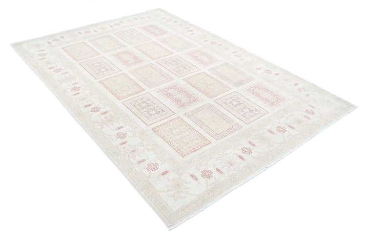 Traditional Hand Knotted Serenity Farhan Wool Rug of Size 5'6'' X 7'11'' in Ivory and Red Colors - Made in Afghanistan