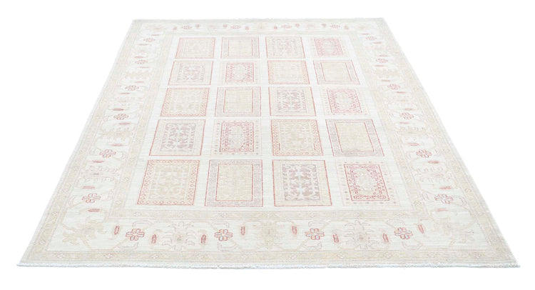 Traditional Hand Knotted Serenity Farhan Wool Rug of Size 5'6'' X 7'11'' in Ivory and Red Colors - Made in Afghanistan