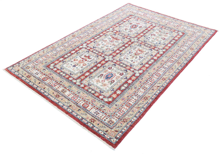 Traditional Hand Knotted Ziegler Farhan Wool Rug of Size 4'4'' X 6'8'' in Red and Ivory Colors - Made in Afghanistan