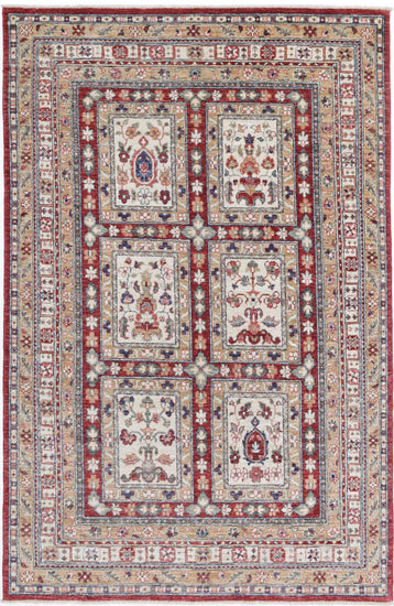 Traditional Hand Knotted Ziegler Farhan Wool Rug of Size 4'4'' X 6'8'' in Red and Ivory Colors - Made in Afghanistan