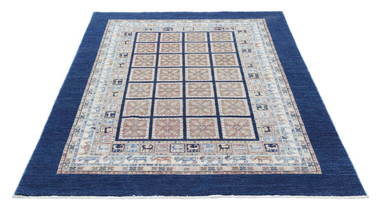 Traditional Hand Knotted Ziegler Farhan Wool Rug of Size 4'10'' X 6'3'' in Blue and Grey Colors - Made in Afghanistan