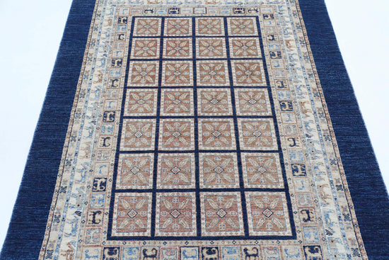 Traditional Hand Knotted Ziegler Farhan Wool Rug of Size 4'10'' X 6'3'' in Blue and Grey Colors - Made in Afghanistan