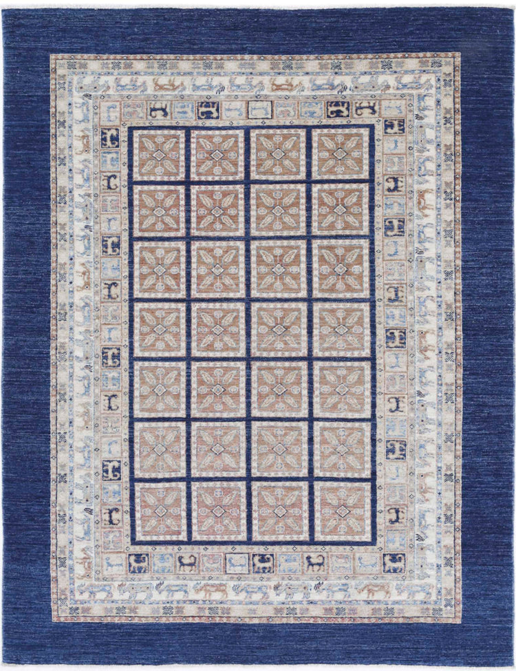 Traditional Hand Knotted Ziegler Farhan Wool Rug of Size 4'10'' X 6'3'' in Blue and Grey Colors - Made in Afghanistan