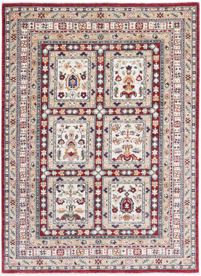 Traditional Hand Knotted Ziegler Farhan Wool Rug of Size 4'5'' X 6'2'' in Red and Ivory Colors - Made in Afghanistan