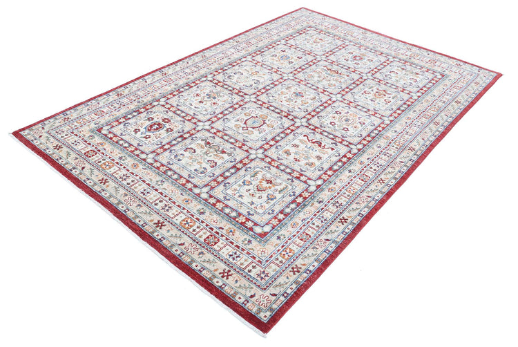 Traditional Hand Knotted Ziegler Farhan Wool Rug of Size 5'5'' X 8'6'' in Red and Ivory Colors - Made in Afghanistan