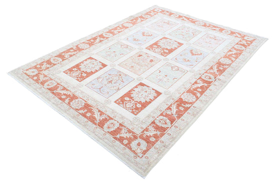 Traditional Hand Knotted Ziegler Farhan Wool Rug of Size 5'7'' X 7'9'' in Ivory and Red Colors - Made in Afghanistan