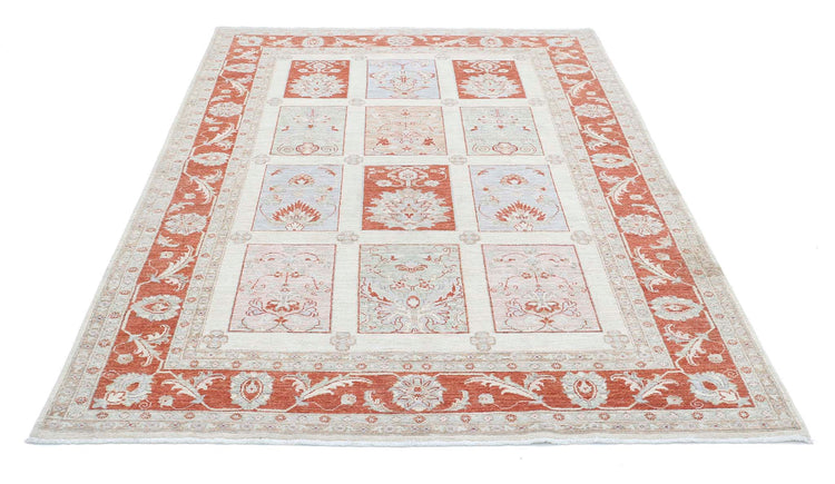 Traditional Hand Knotted Ziegler Farhan Wool Rug of Size 5'7'' X 7'9'' in Ivory and Red Colors - Made in Afghanistan