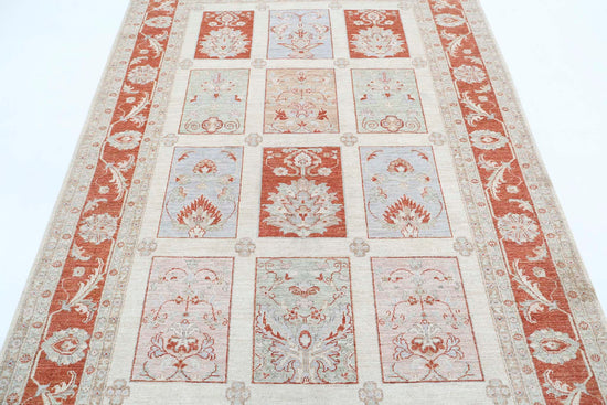 Traditional Hand Knotted Ziegler Farhan Wool Rug of Size 5'7'' X 7'9'' in Ivory and Red Colors - Made in Afghanistan
